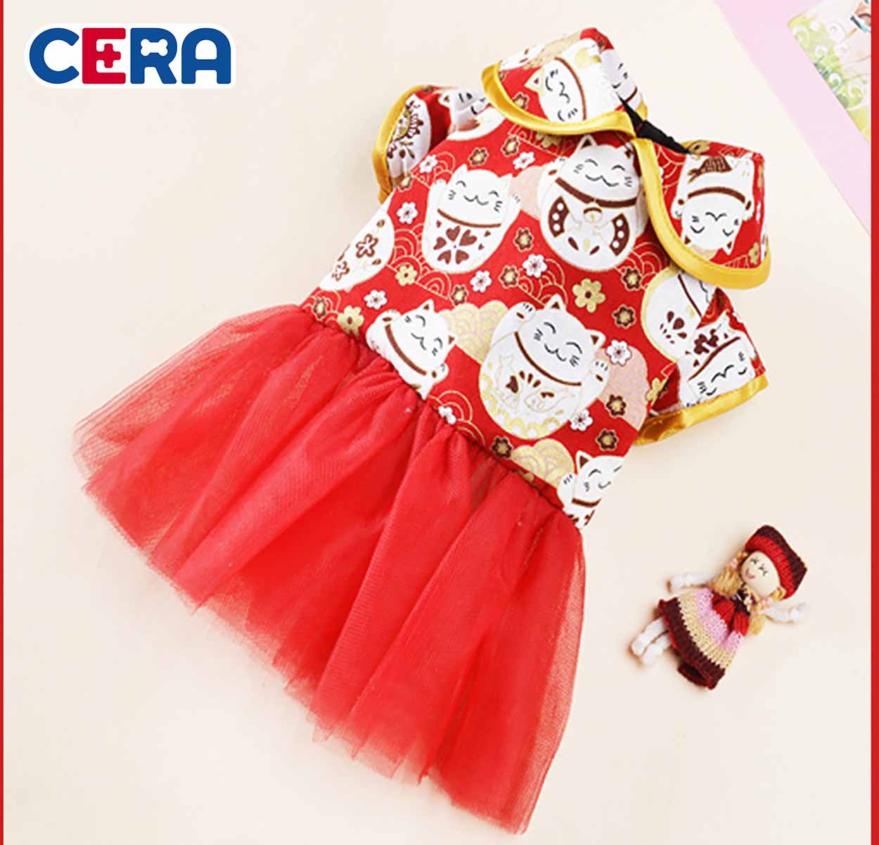 Đầm tết chó mèo hoạ tiết mèo thần tài - quần áo 069