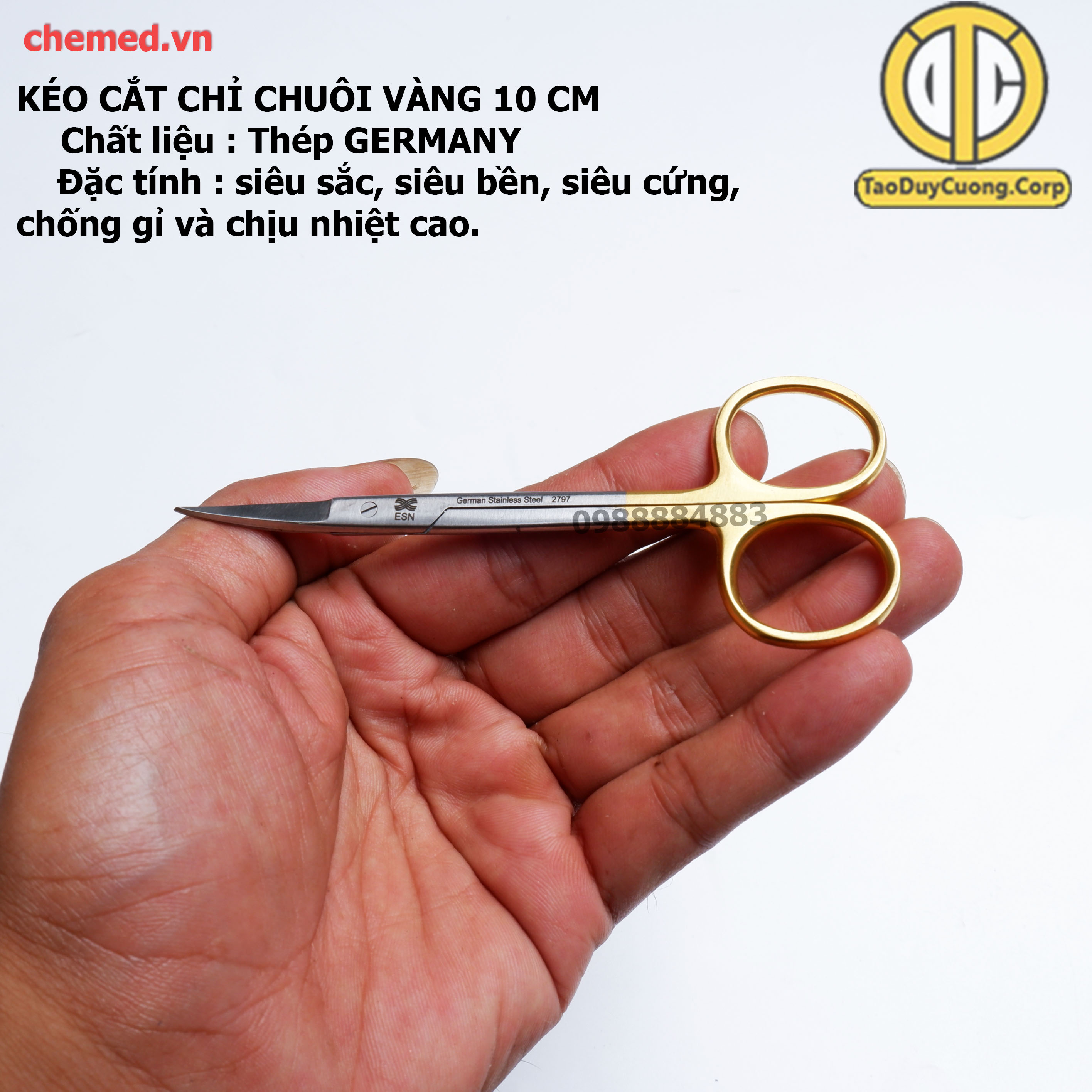Kéo cắt chỉ thẳng chuôi vàng dùng trong y tế, phẫu thuật, spa 10,5cm