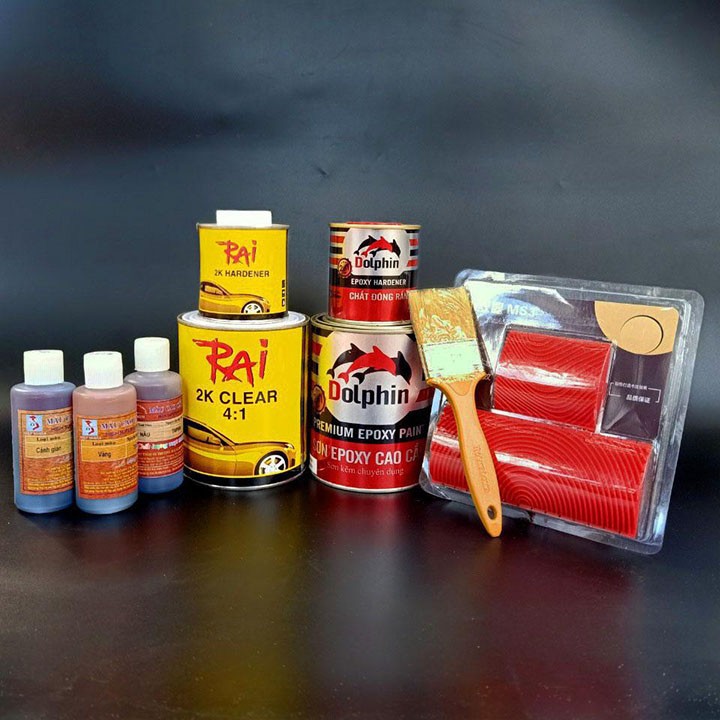 Combo bộ sơn giả gỗ đầy đủ (gồm 1 bộ epoxy màu vàng nghệ, 1bộ bóng 2K Rai, 1 bộ cọ tạo vân gỗ, 3 hũ tinh màu vàng, nâu, cánh gián - 1 cọ 2,5inch)