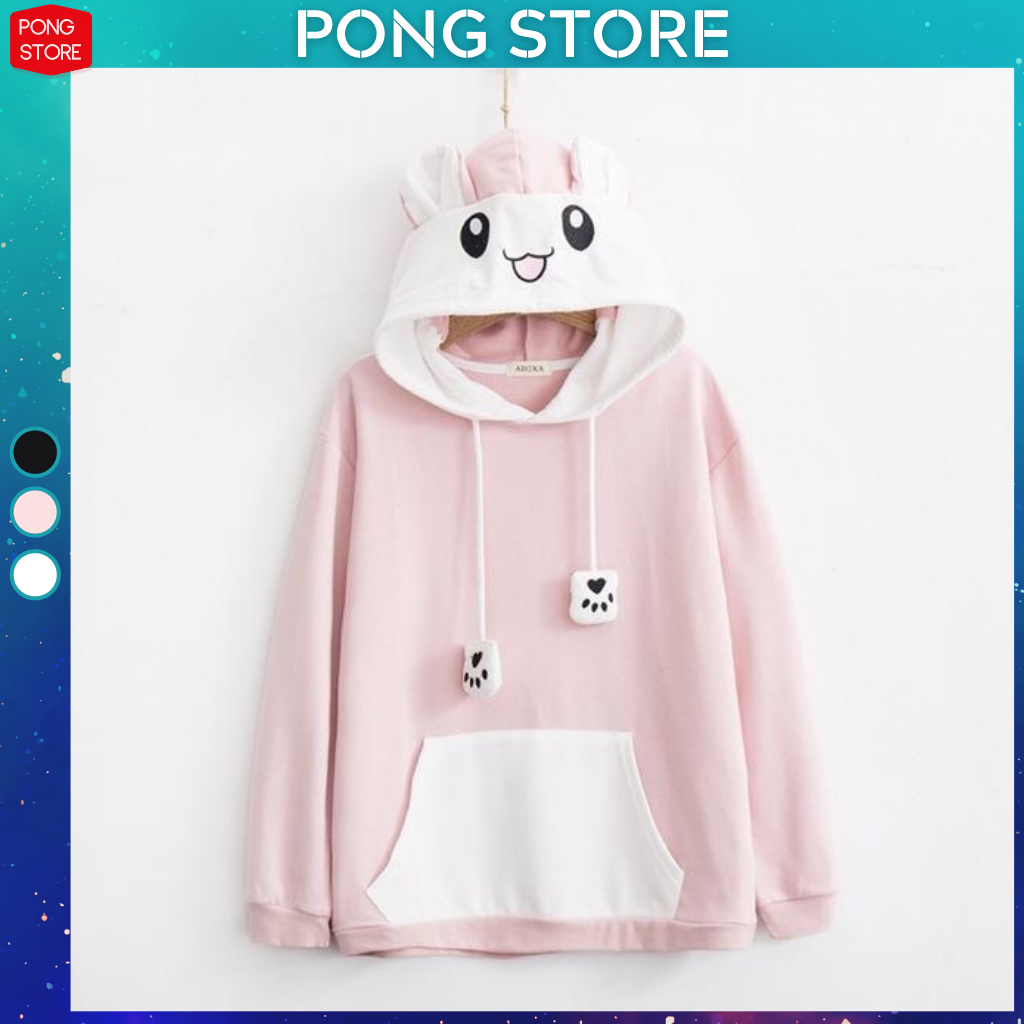 [HCM]Áo Khoác Hoodie Nữ Nỉ PONGSTORE Kiểu Dây Rút Phối Chân Mèo Siêu Dễ Thương - Áo Hoodie Nữ Dáng Rộng Form Xuông 30Kg 57Kg Nỉ Lót Bông Mịn Có 3 Màu Hot