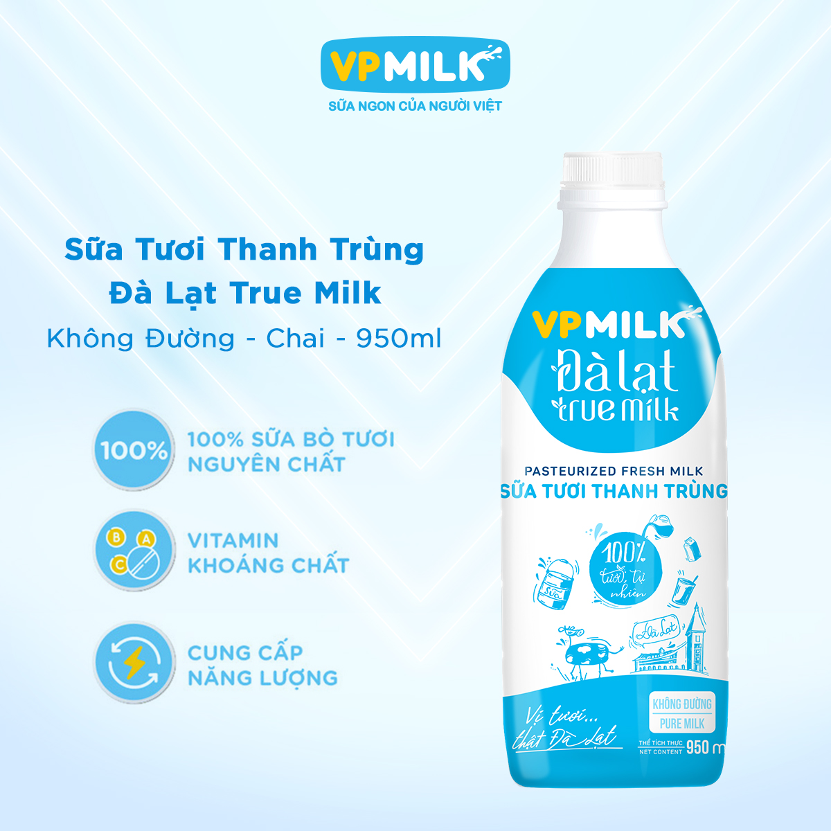 [VẬN CHUYỂN HỎA TỐC HCM] Sữa Tươi Thanh Trùng Đà Lạt True Milk Không Đường 950ml