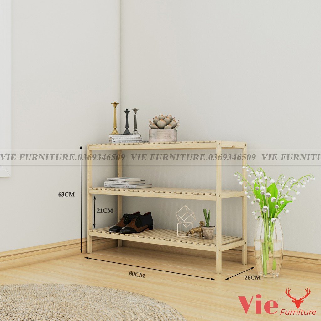 Kệ để giày 💗 tủ đầu giường gỗ thông tự nhiên - giá để đồ 3 tầng dài 80cm