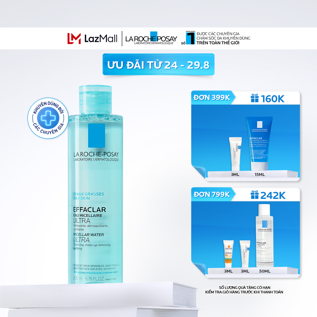 Nước làm sạch sâu và tẩy trang dành cho da mụn, da dầu nhạy cảm La Roche-Posay Effaclar Micellar Water 200ml