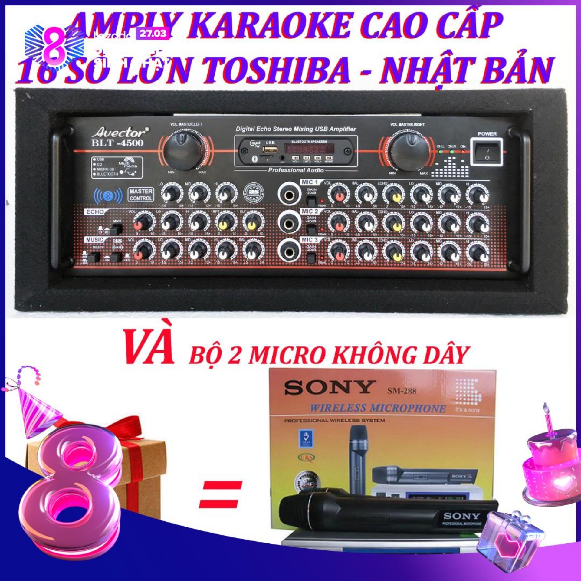 Amply karaoke ampli bluetooth amply nghe nhac amply karaoke hay cao cấp avector 4500 VÀ bộ micro không dây sm288