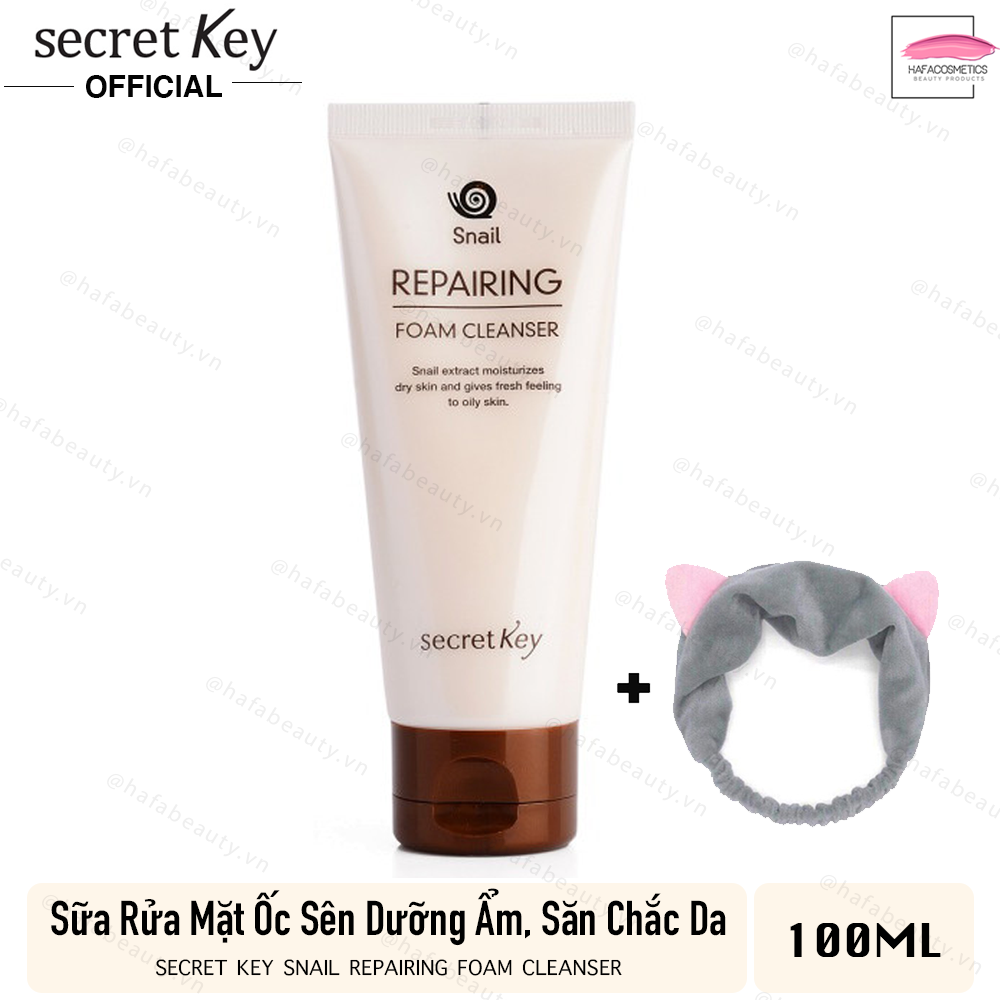 Sữa Rửa Mặt Dưỡng Ẩm, Làm Săn Chắc Da Có pH Thấp Secret Key Snail Repairing Foam Cleanser 100ml + Tặng Băng Đô Tai Mèo