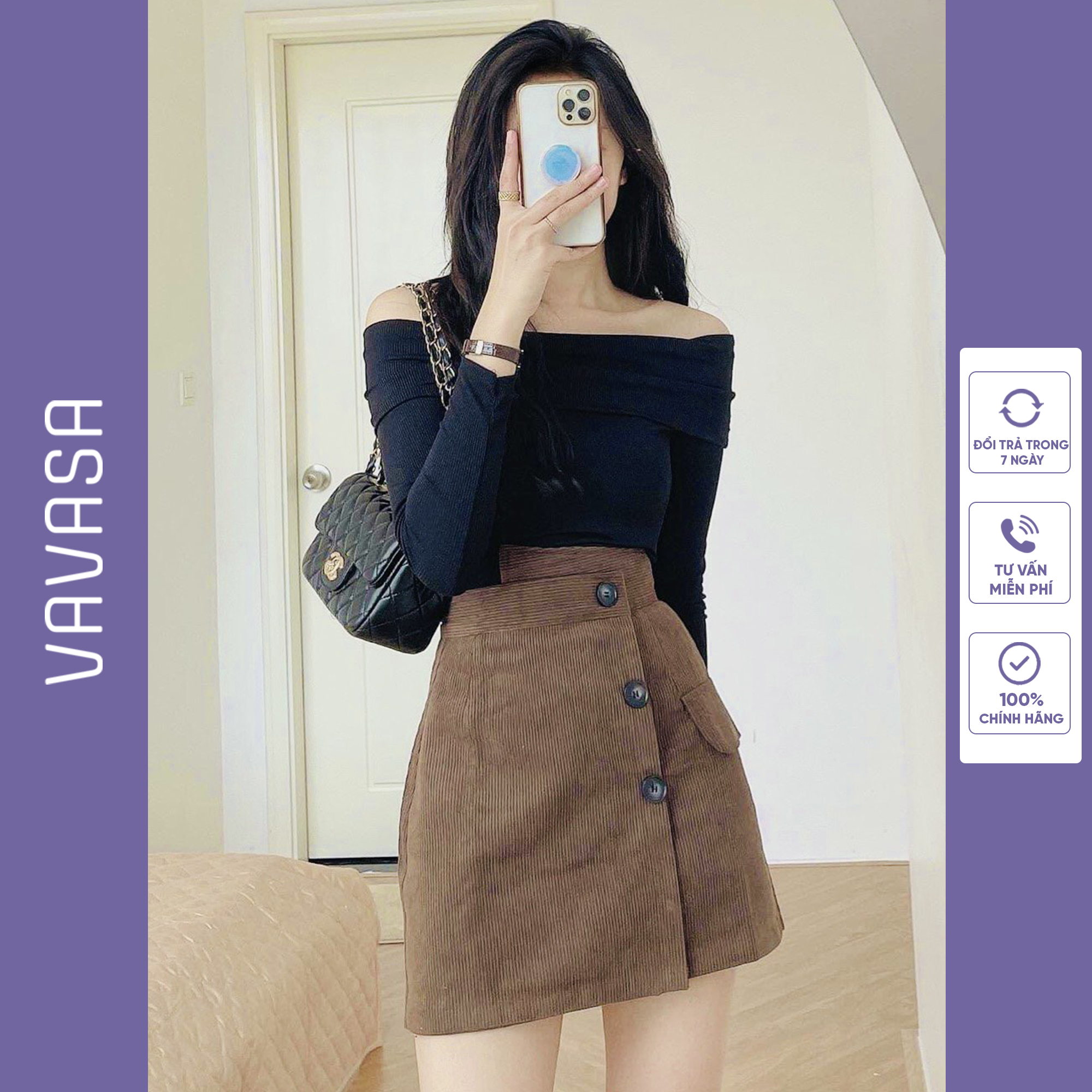 chân váy chữ a công sở ngắn lưng cao bigsize nhung tăm VAVASA CV20