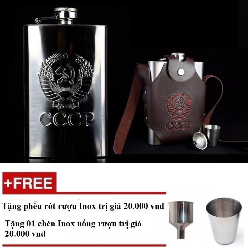 BÌNH ĐỰNG RƯỢU CCCP INOX LOẠI DẦY LOGO DẬP NỔI 1.5 LÍT (TẶNG PHỄU RÓT + CHÉN UỐNG RƯỢU INOX)