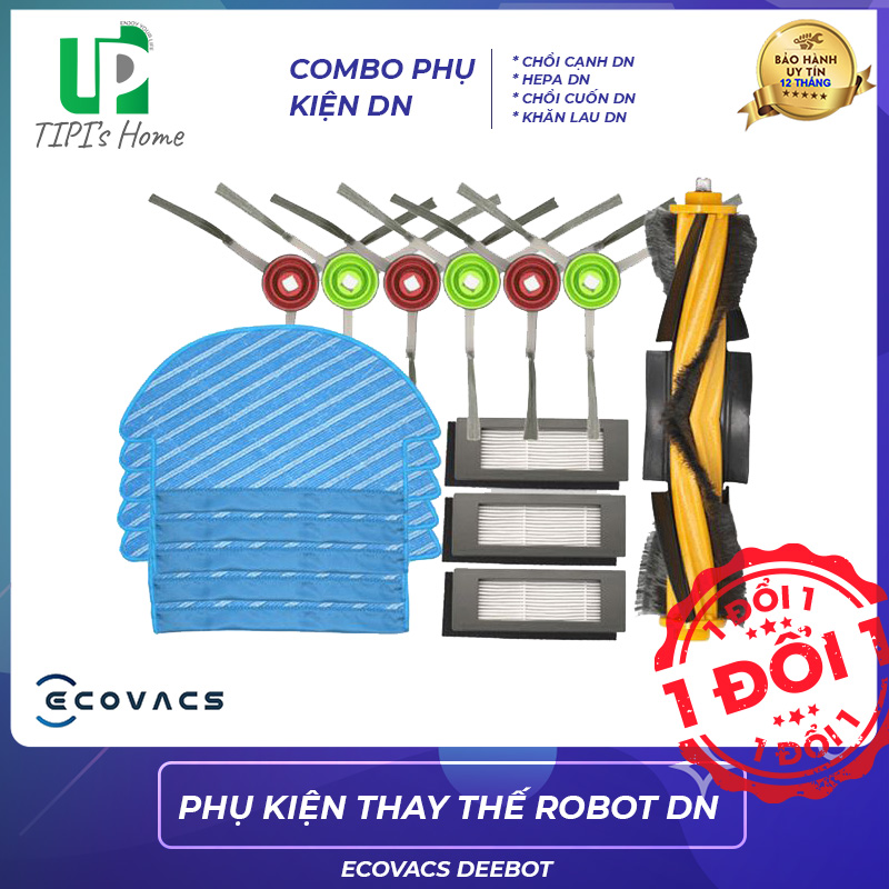 Combo phụ kiện thay thế robot hút bụi Ecovacs Deebot DN, khăn lau dn, màng lọc dn, chổi cạnh dn, chổi giữa dn - TiPiHome