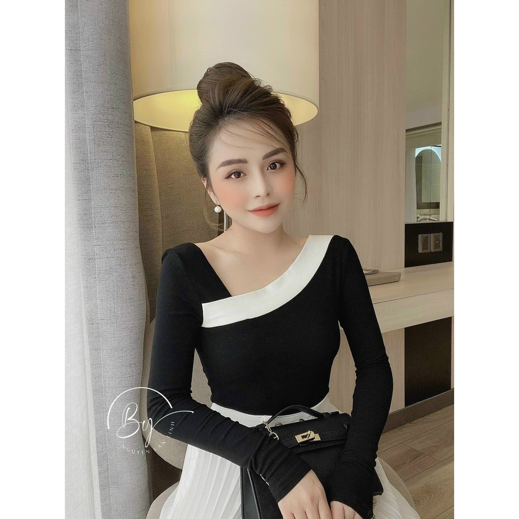 áo kiểu thun bozip viền màu cổ tay dài ôm dáng xinh chất đẹp