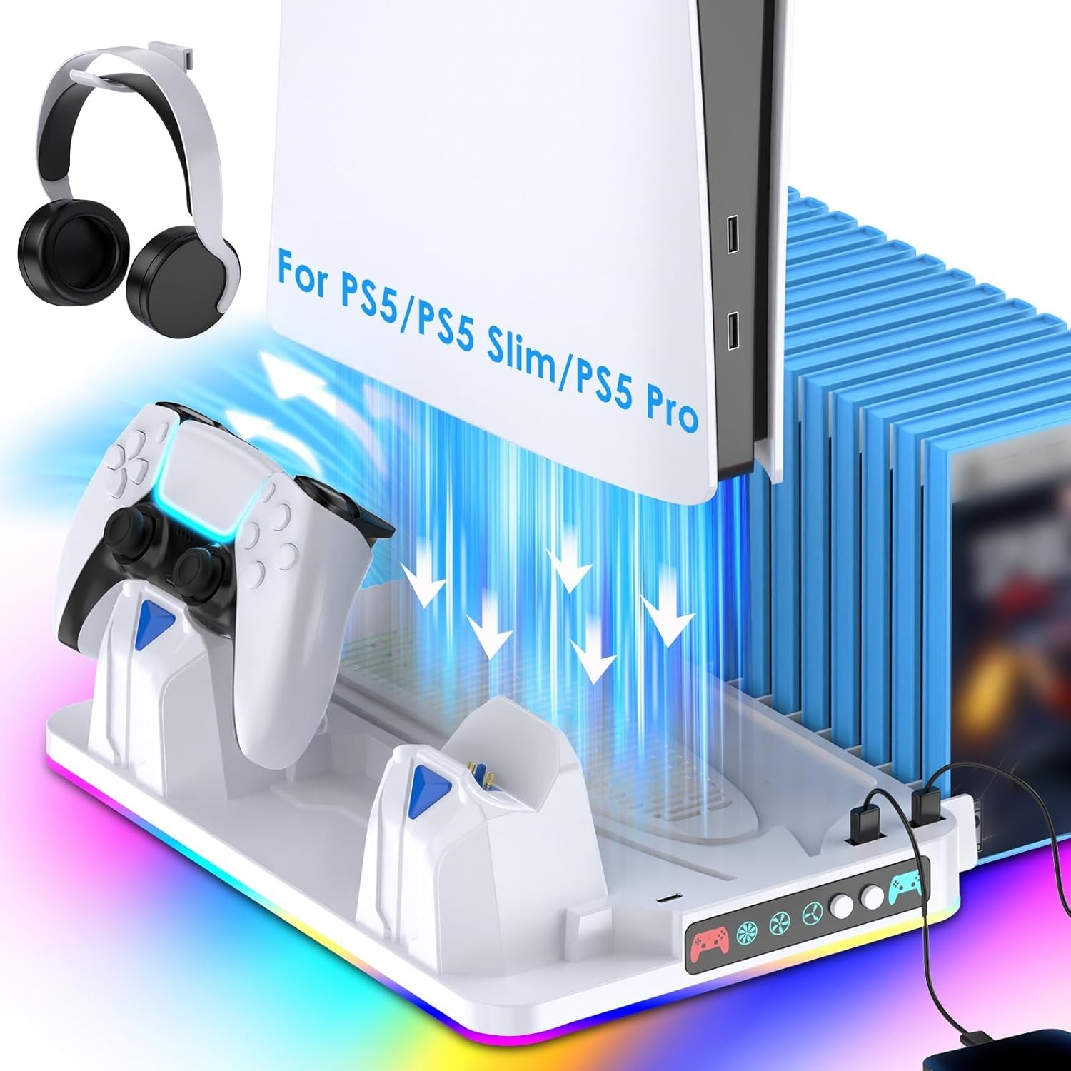 Ps5 Slim Ps5 Pro Cooling Pad, Dual Controller Charging Station, Quiet Cooling Fan, Game Disc Shelf, Rgb Lighting, Extra USB Port Giá 42,133,703 Đồng*Miễn phí vận chuyển