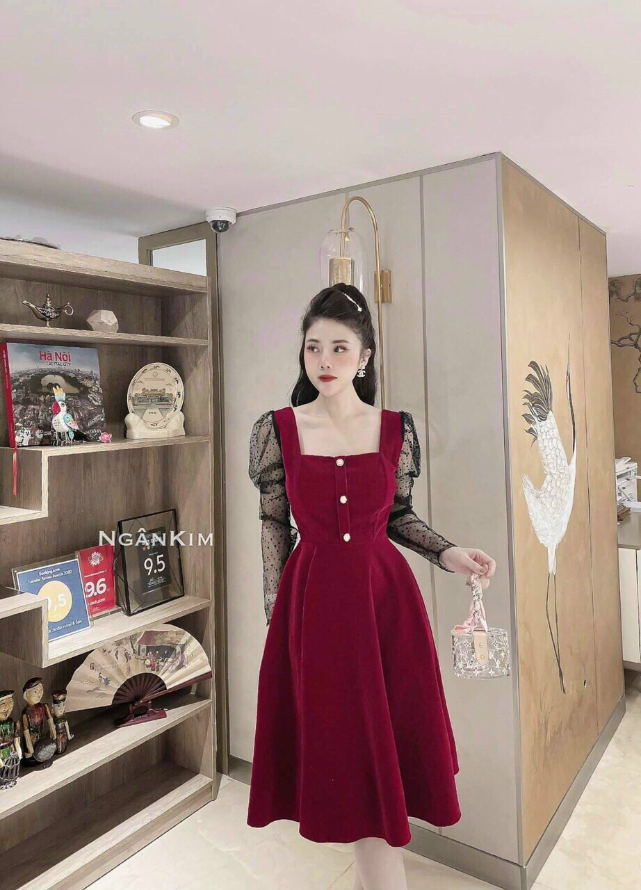 [HCM][Giá Sỉ- Sale Khuyến Mãi] ĐẦM ĐỎ XÒE PHỐI LƯỚI TAY DÀI CỔ VUÔNG ĐÍNH NÚT THỜI TRANG DỰ TIỆC XINH XẮN