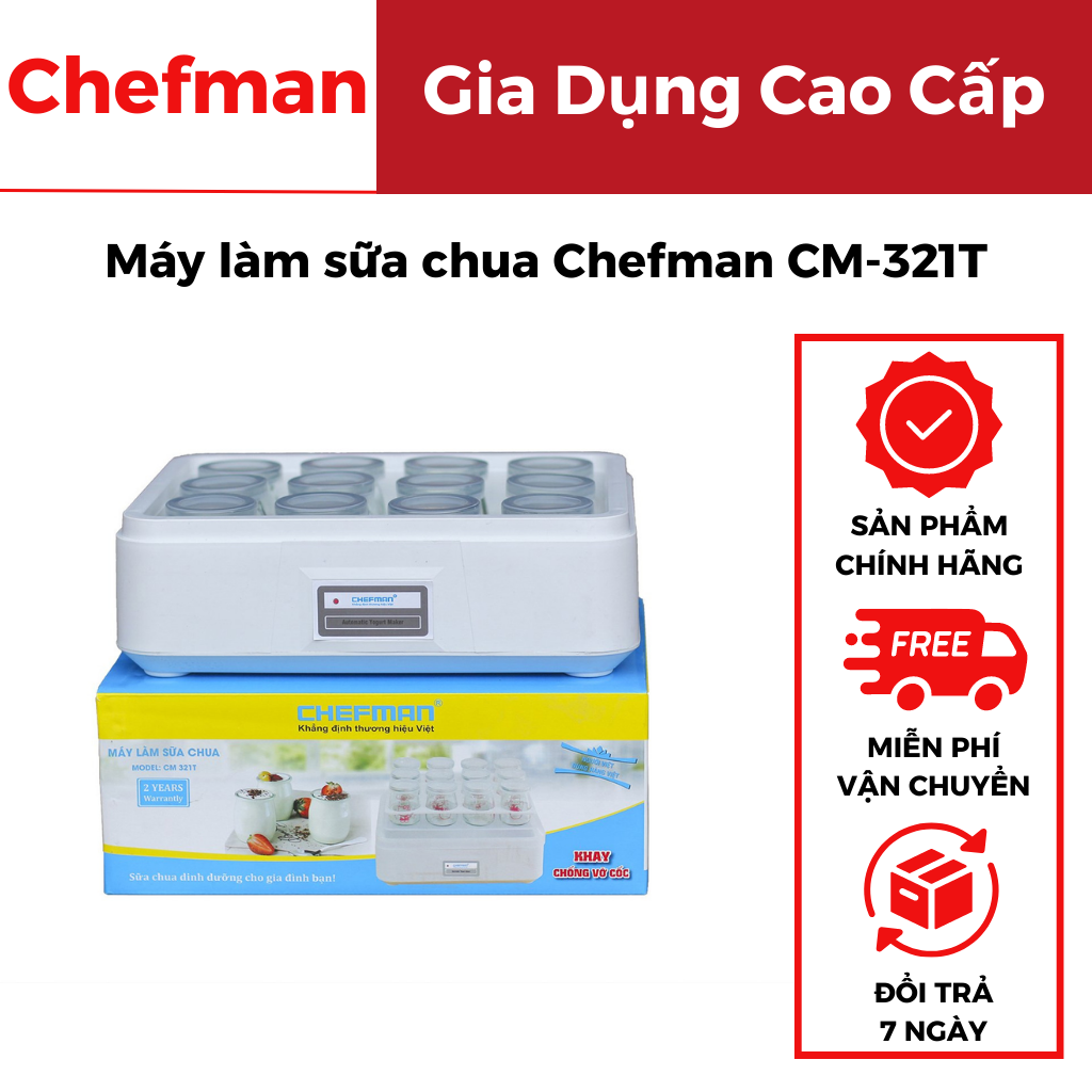 Máy làm sữa chua Chefman CM - 321T, Máy làm sữa chua tự động 12 cốc thủy tinh cao cấp, có khay chống vỡ an toàn - Bảo hành 12 tháng
