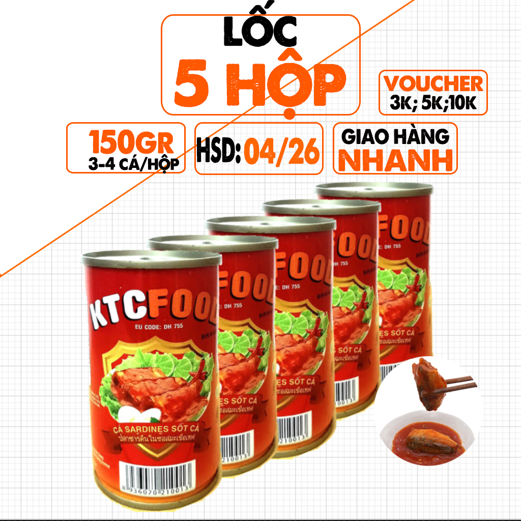 Combo 05 Hộp Cá Mòi Sốt Cà KTC Kiên Giang Đóng Lon 150g, Vị Chua Ngọt, Thơm, Dùng Ăn Liền, Date 10/2025
