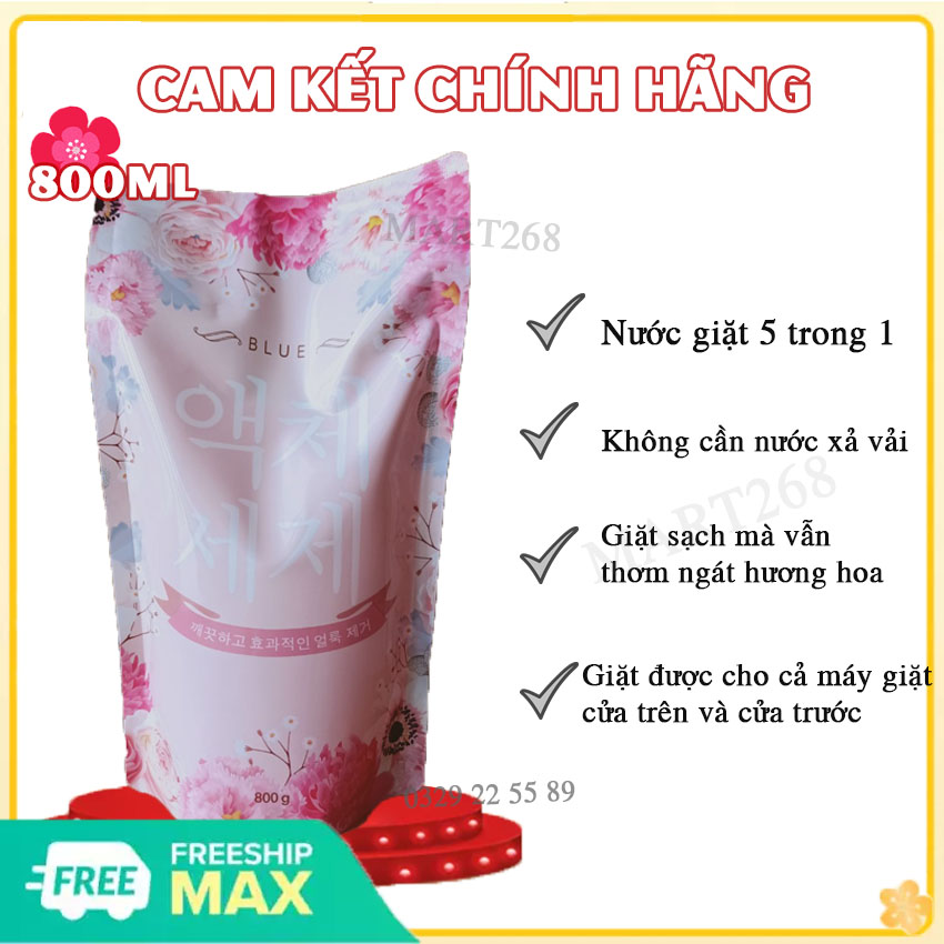 Nước Giặt Blue Hàn Quốc 800ml Hương Hoa Hồng - Nước giặt xả blue; Nước giặt quần áo; nước giặt thái lan