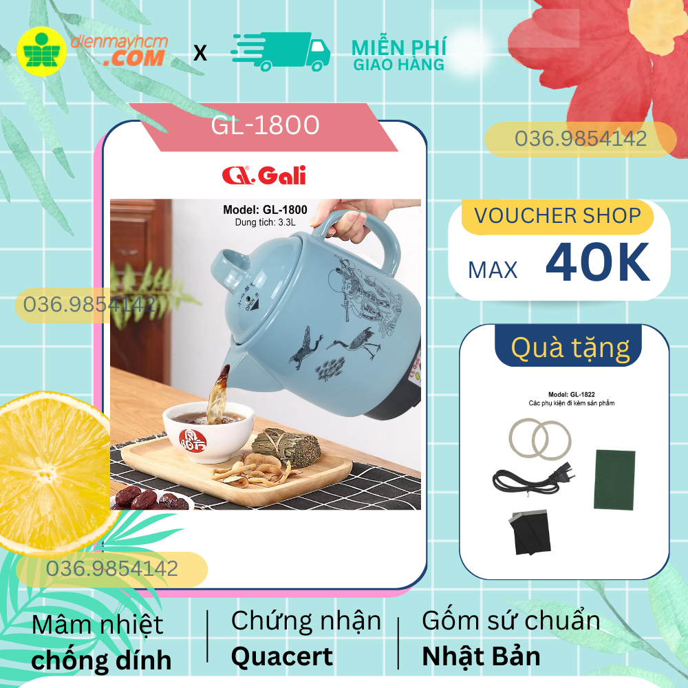 Ấm sắc thuốc gali mã sp gl-1800 dung tích 3.3l công suất chuẩn 450w gốm sứ chuẩn nhật lòng ấm tráng men chịu nhiệt cao - hàng chính hãng bh 12 tháng