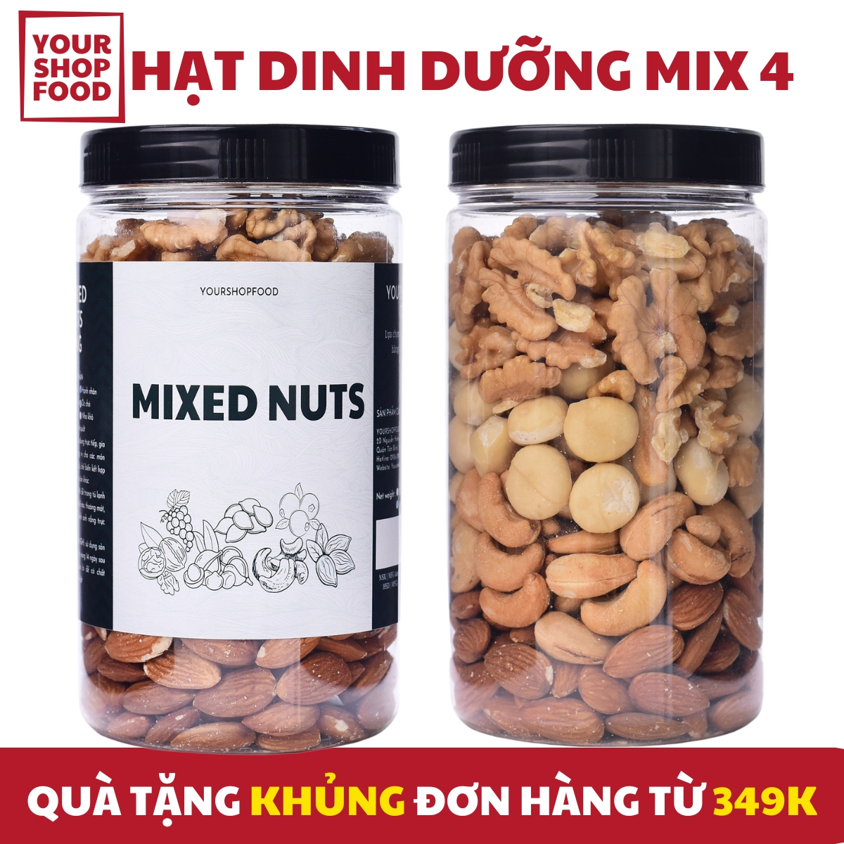Hạt dinh dưỡng mix 4 loại hạt YourshopFood Hạt macca, điều, hạnh nhân, óc chó Maccadamia, cashew, almond, walnut - Hạt Ngũ Cốc Granola Siêu Hạt Không Yến Mạch