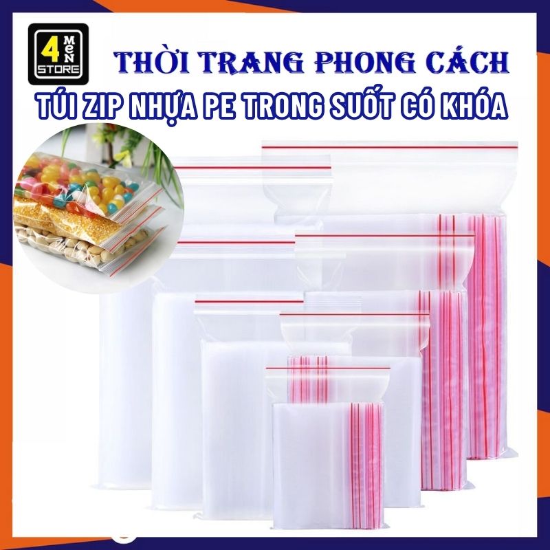 200g túi zipper chỉ đỏ trong suốt loại tốt, dày dặn chắc chắn đủ size - túi zip nhựa trong suốt có khóa bấm miệng tiện dụng