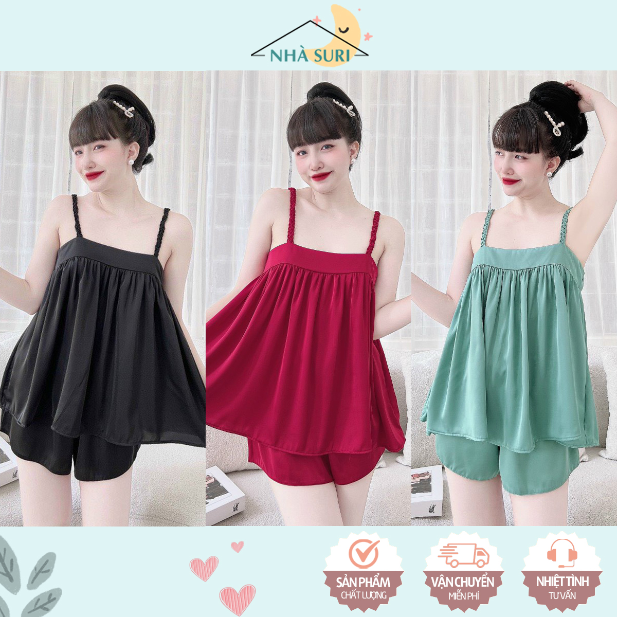 Đồ bộ ngủ mặc nhà 2 dây có túi lụa xước/lụa latin mềm mịn