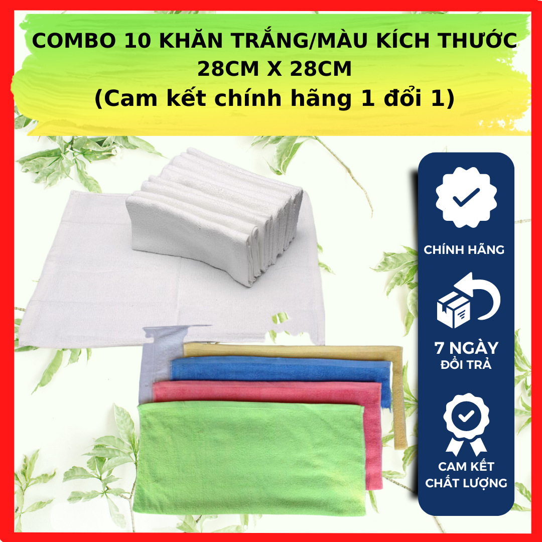 Combo 10 khăn trắng/màu kích thước 28cm x 28cm