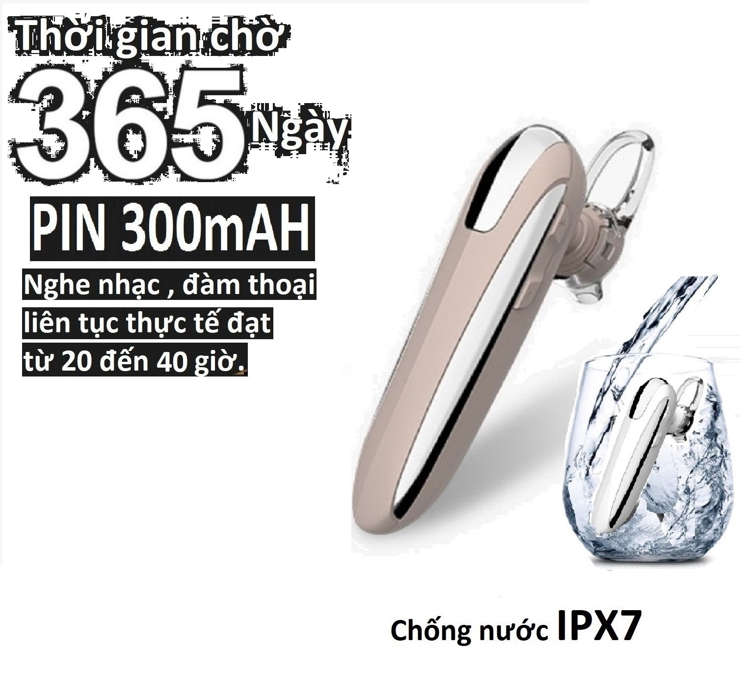 Tai nghe bluetooth 5.1, chống nước IPX7 pin 300mAh kết nối 2 điện thoại , nghe nhạc 30h, đàm thoại 36h, tặng kèm tai nghe phụ .