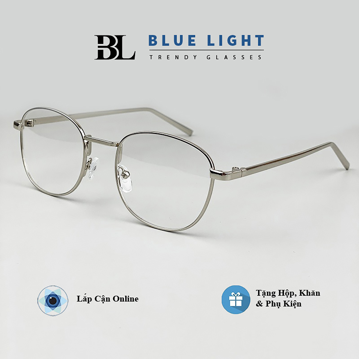 Gọng Kính Cận Kính Giả Cận Nam Nữ Mắt Vuông Gọng Kim Loại Màu Bạc Đen Cứng Cáp Hàn Quốc - BLUE LIGHT