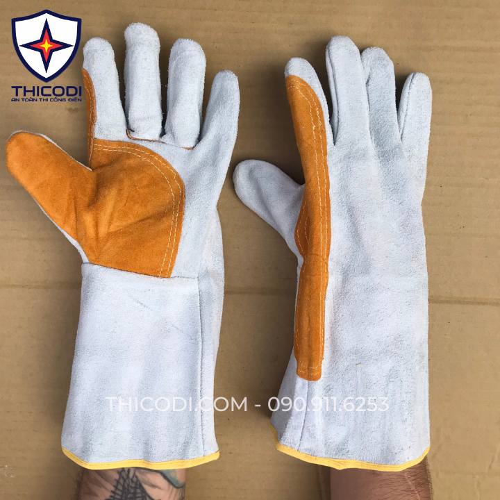 Găng tay da hàn lộn, chống cháy, chịu nhiệt tia lửa văng bắn, nhiệt độ cao màu cam trắng
