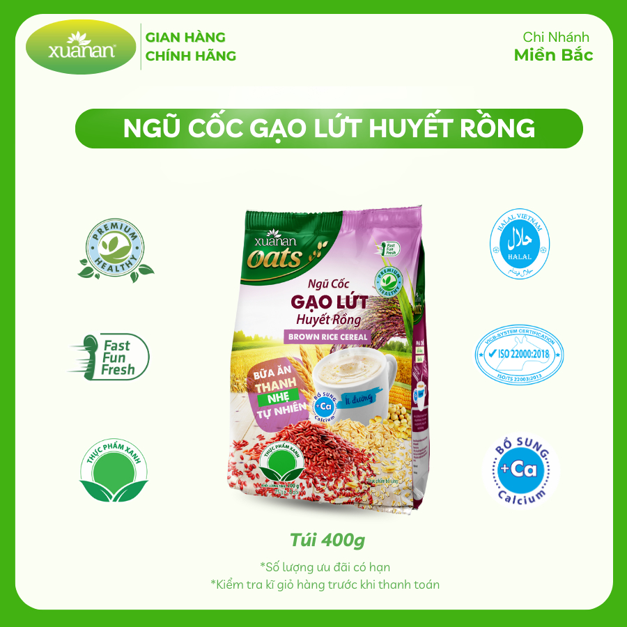 Ngũ cốc gạo lứt huyết rồng Xuân An (ít đường) túi 400g