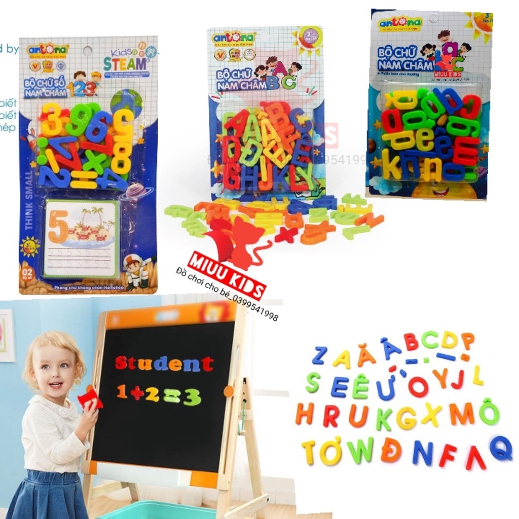 Combo 3 vỉ chữ cái in hoa, in thương abc và chữ số 123 nam châm antona