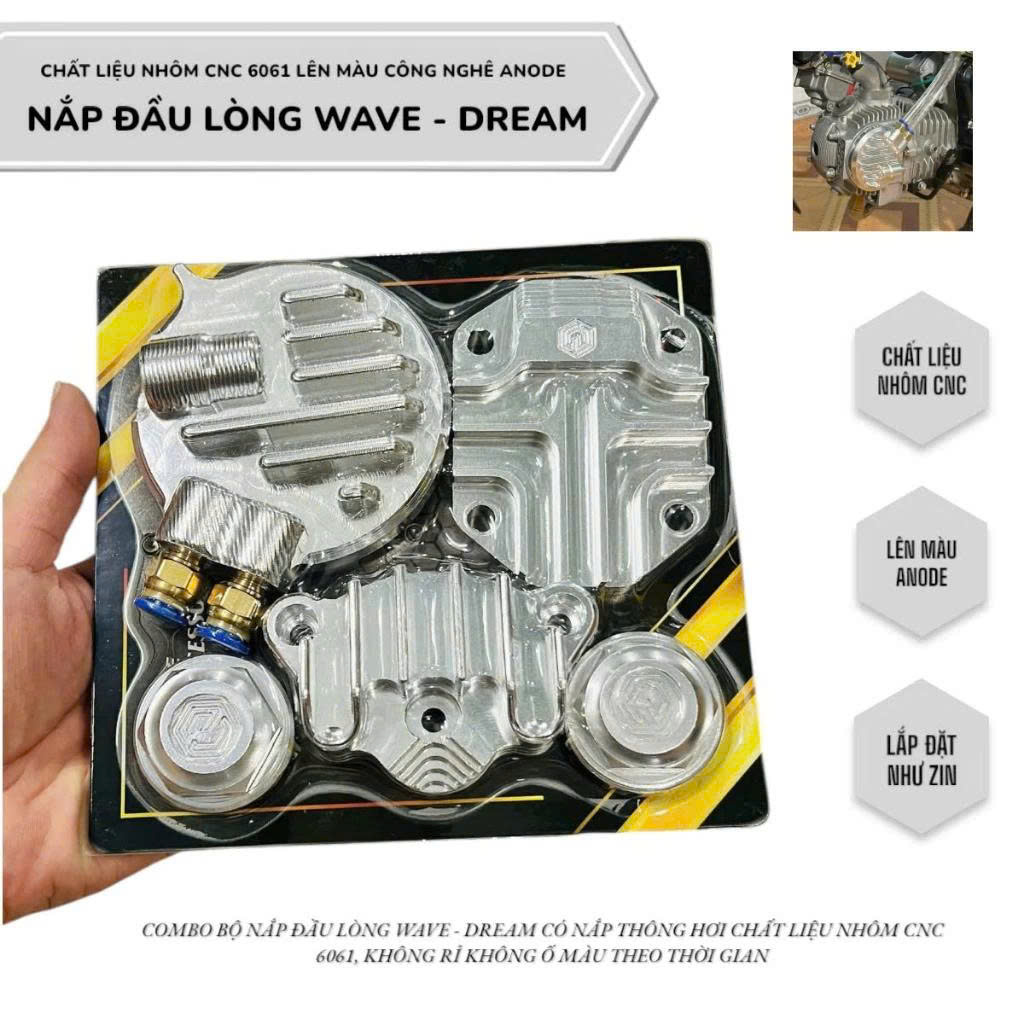  Combo bộ nắp đầu lòng Wave - Dream có nắp thông hơi chất liệu nhôm cnc   LV   