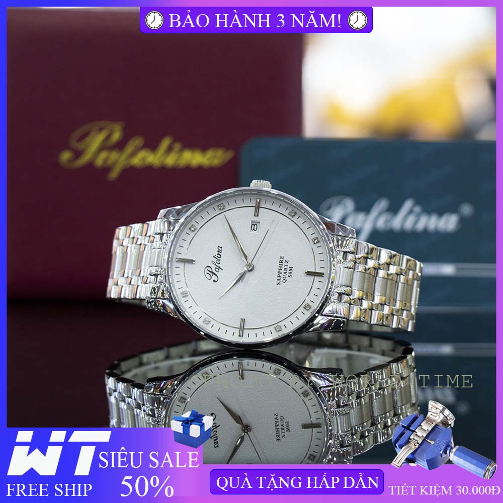 Đồng hồ pin, đồng hồ nam dây thép Pafolina 5025M full box, kính sapphire chống nước chống xước, bảo hành 3 năm