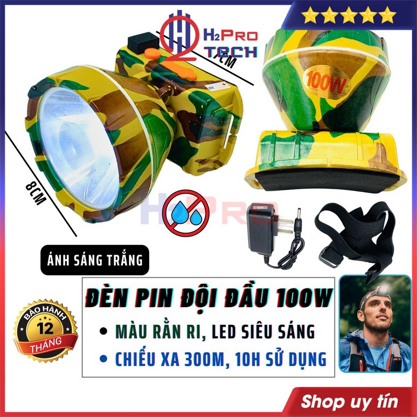 Đèn Pin Đội Đầu Siêu Sáng Led 100W Màu Rằn Ri, Ánh Sáng Vàng Hoặc Trắng, Pin Sạc, Dùng 8-15H, Chịu Nước - H2Pro Tech