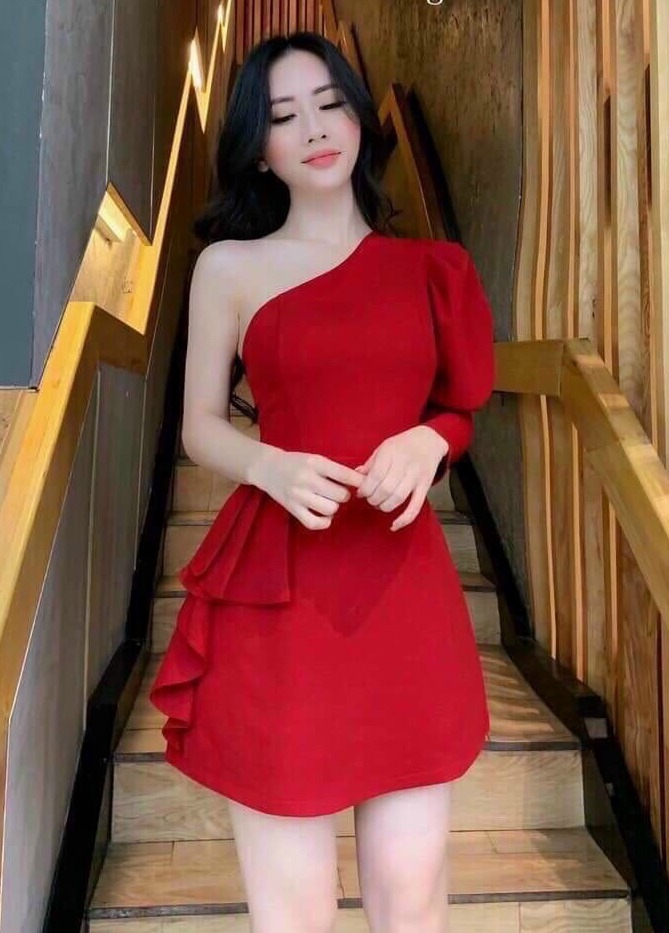 [HCM]Đầm lệch vai bèo quá xuất sắc ba màu ( màu trắng màu đen và màu đỏ )