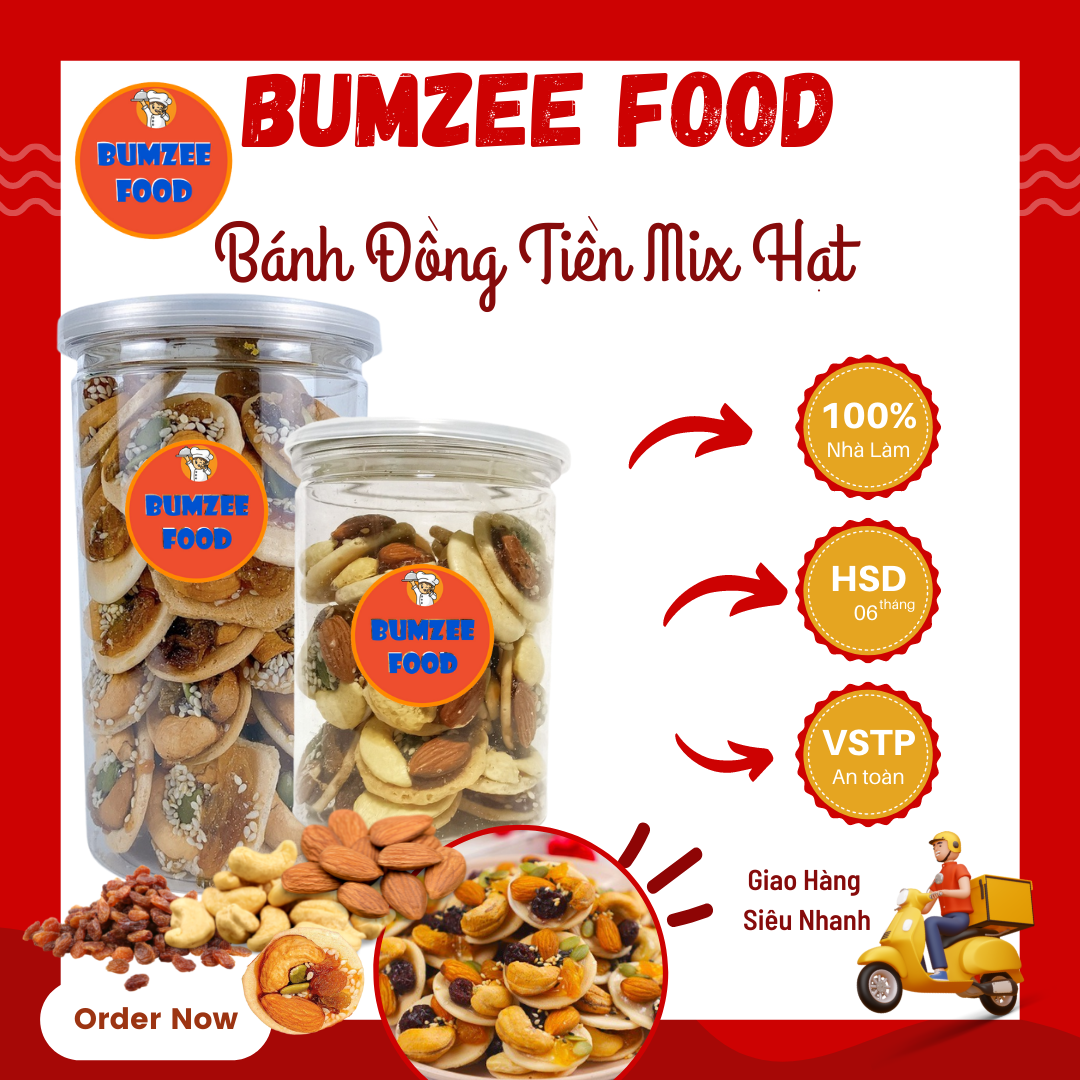 Bánh Đồng Tiền Mix Hạt hộp 300g Bumzee Food - Ăn là mê ngay Bánh mix 4 loại hạt sấy khô dinh dưỡng: nho khô,hạnh nhân, hạt bí, hạt điều GIÒN BÉO - THƠM NGON, Ăn vặt ngon, Tốt cho sức khỏe Đồ ăn vặt Siêu Ngon, Đồ ăn vặt tết