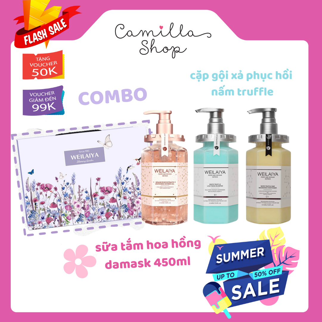 Set quà tặng Weilaya cao cấp một cặp gội xả phục hồi tóc hư tổn và một chai sữa tắm hoa hồng Damask