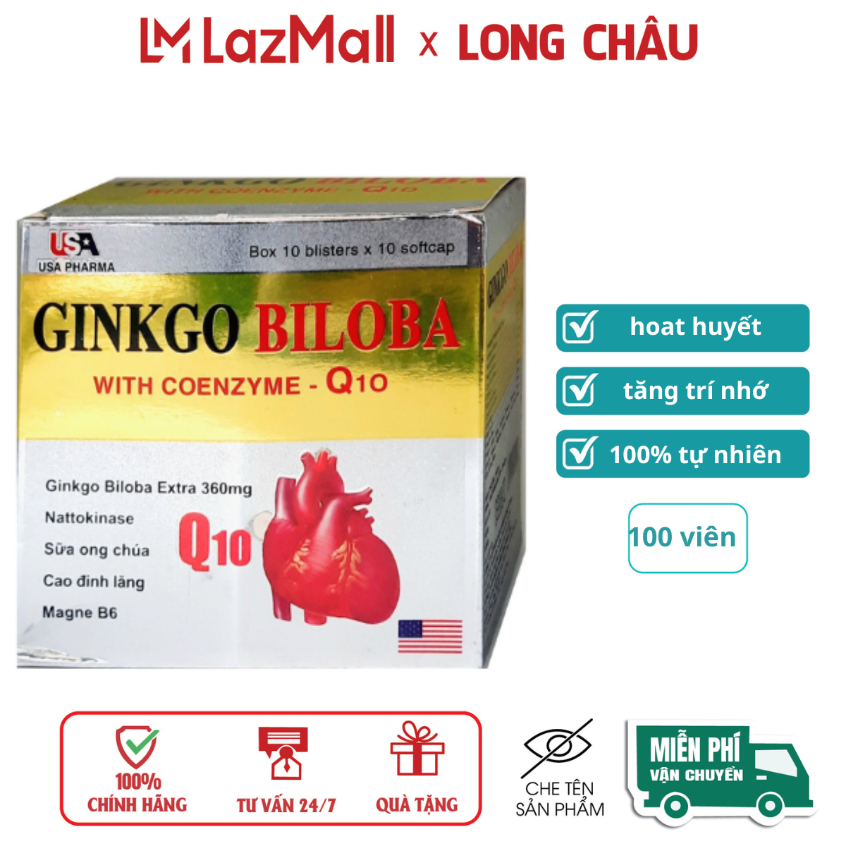 Hoạt huyết dưỡng não Ginkgo Biloba with Coenzyme- Q10 giúp hoạt huyết, tăng trí nhớ, giảm đau đầu, hoa mắt chóng mặt– hộp 100 viên