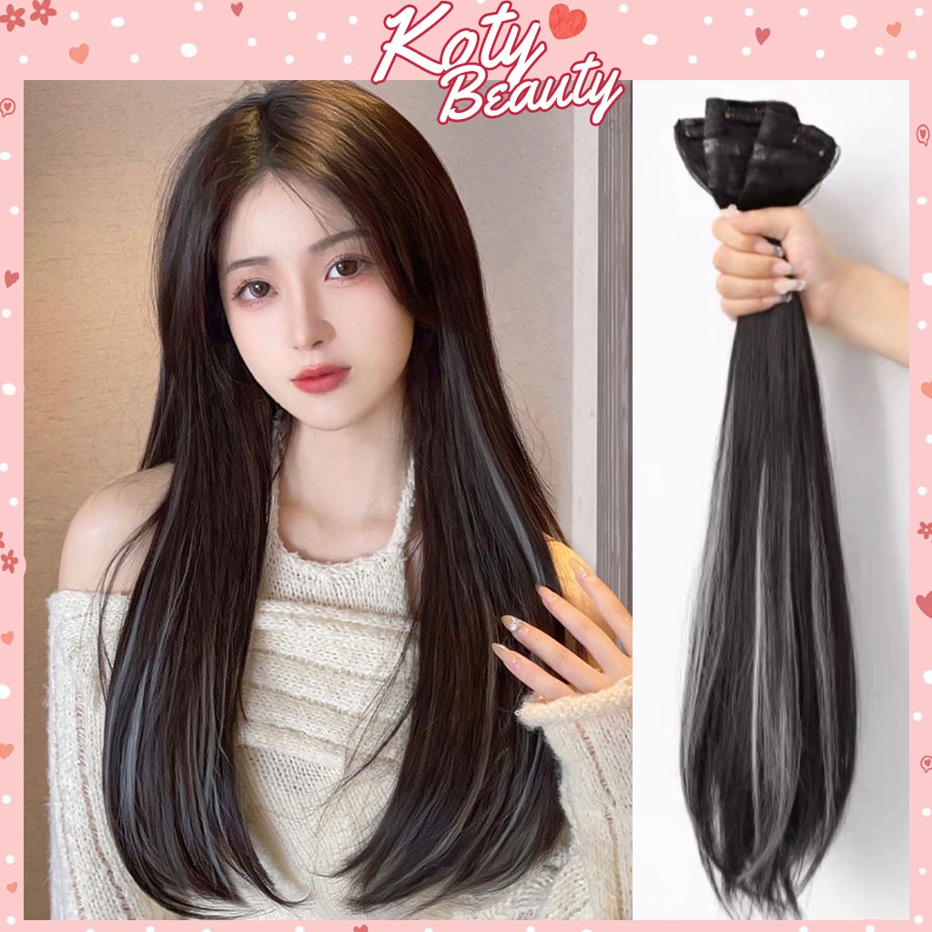 Tóc giả nữ ❤️FREESHIP❤️Set 3 tóc giả kẹp thẳng dải highlight xám khói 6 phím