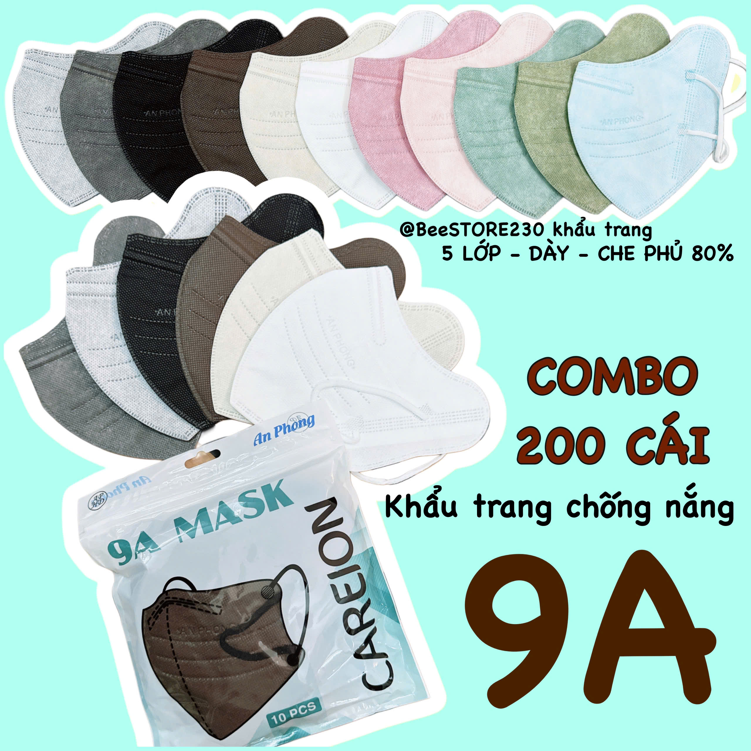  20 TÚI= 200 cái khẩu trang 9A che toàn khuôn mặt hiệu AN PHONG MASK khẩu trang 9A nhiều màu trendy   CHE NẮNG TOÀN PHẦN 50-90KG  