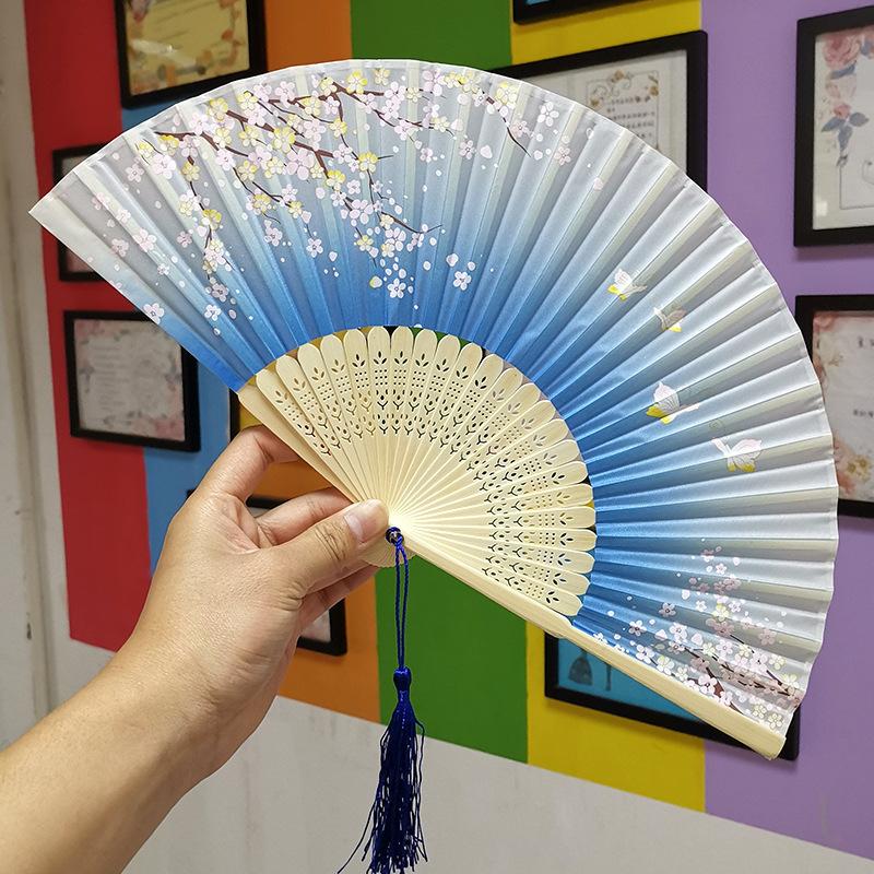 Quạt cổ phong dây tuyến mẫu hoa vàng trắng nền xanh loại 2 đồ cổ trang trung quốc cổ phong cổ đại Quạt xếp cầm tay phong cách Trung Quốc