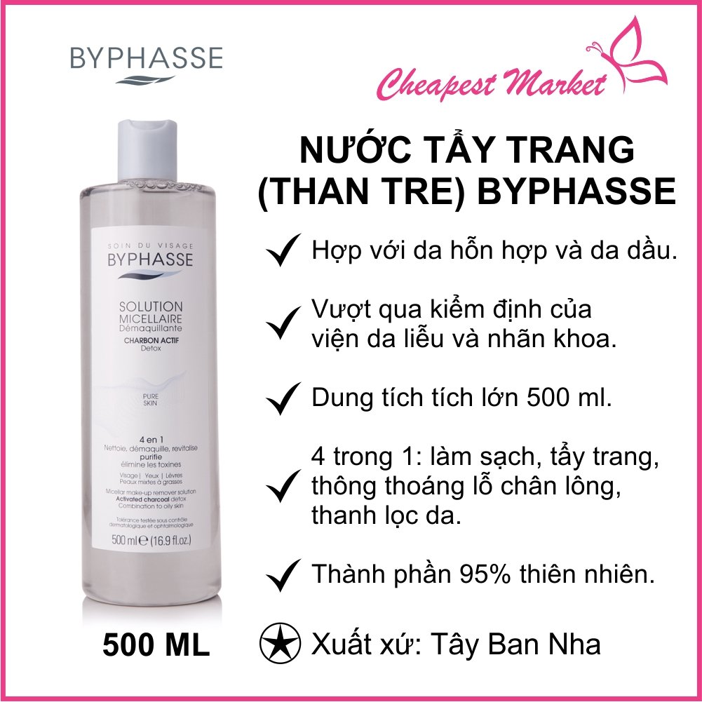 Nước Tẩy Trang Than Hoạt Tính Byphasse Charbon Micellar Make-up Remover Solution 500ml