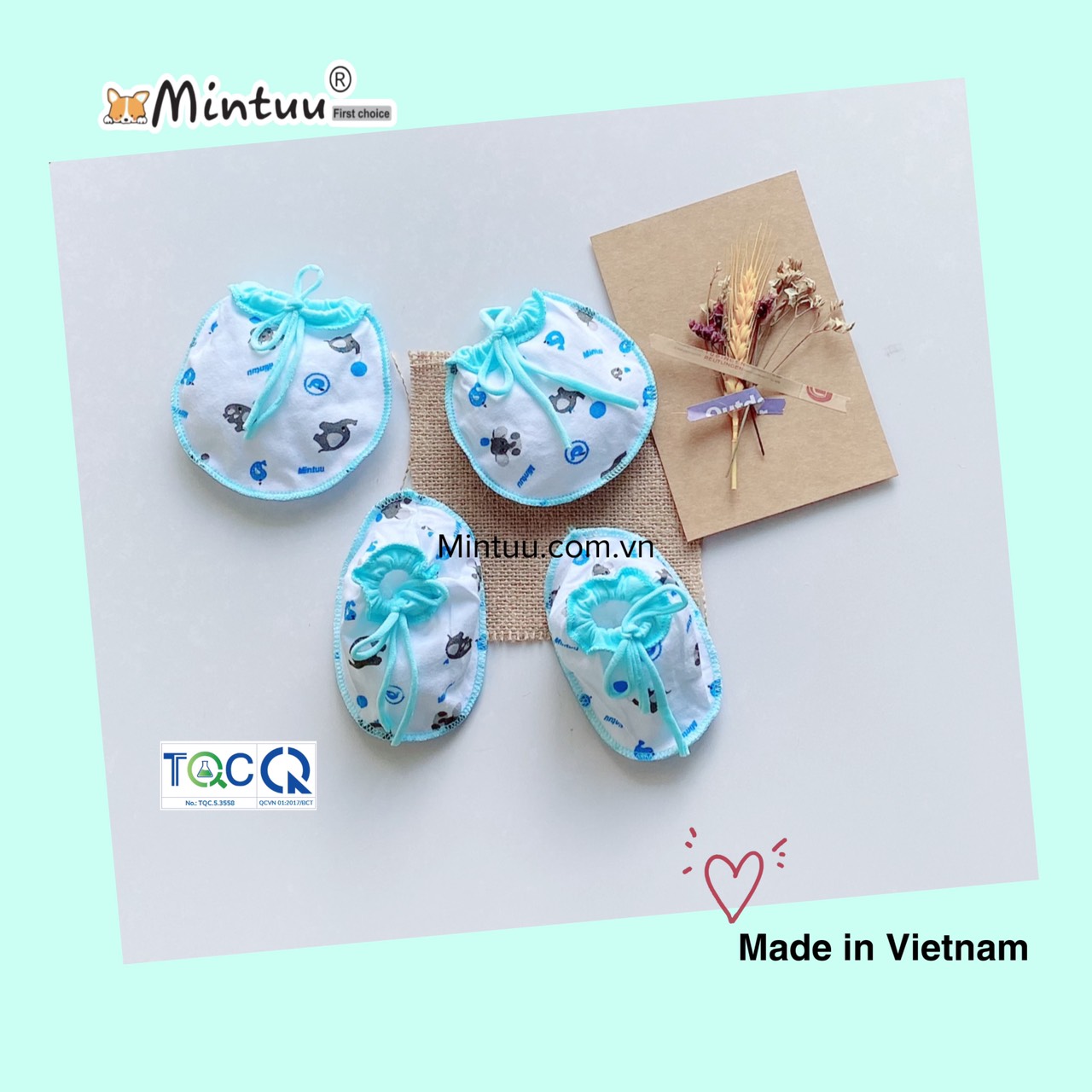 FREESHIP MAX -  Bộ bao tay chân sơ sinh cho bé  cột dây in bông, chất liệu vải 100% cotton, thương hiệu MINTUU - Thời trang và đồ dùng cho trẻ em - Hana’s kids