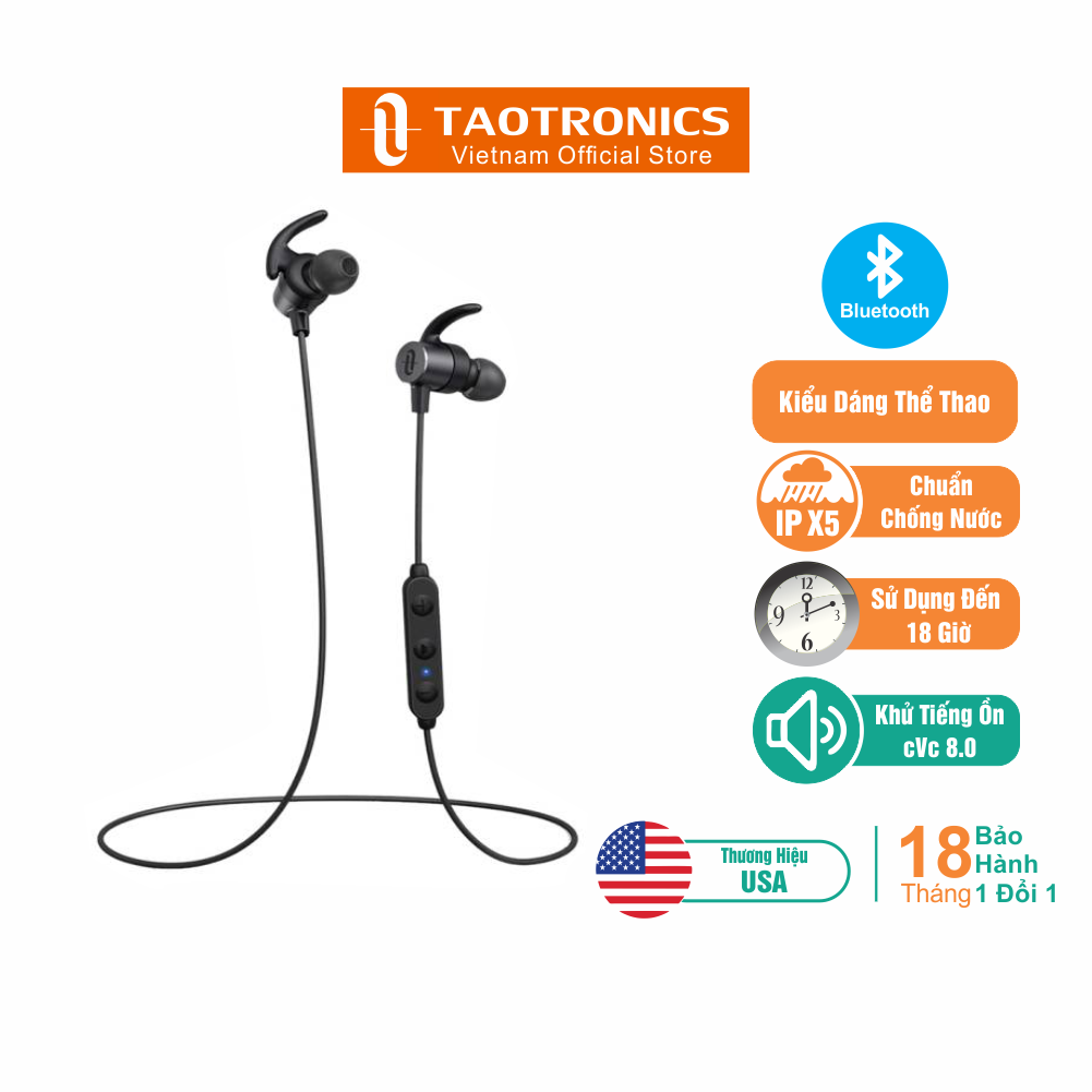 Tai nghe taotronics nhét tai bluetooth, vòng đeo cổ, chống ồn, chống ẩm, hoạt động liên tục 16 giờ, mic chống ồn, tích hợp nam châm tt-bh042-độc quyền chính hãng