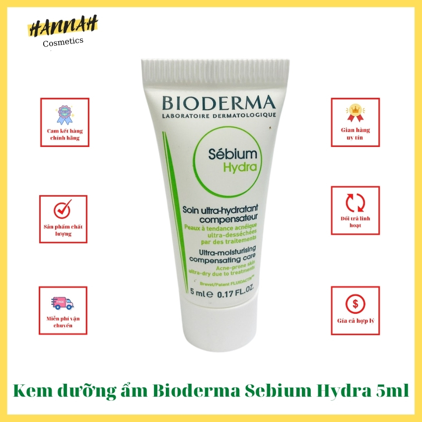 <Freeship> Kem dưỡng ẩm Bioderma Sebium Hydra 5ml, Hannah Cosmetics, dưỡng ẩm cao cho những làn da khô, da bị dị ứng, phù hợp với mọi loại da như da khô, da dầu, da hỗn hợp