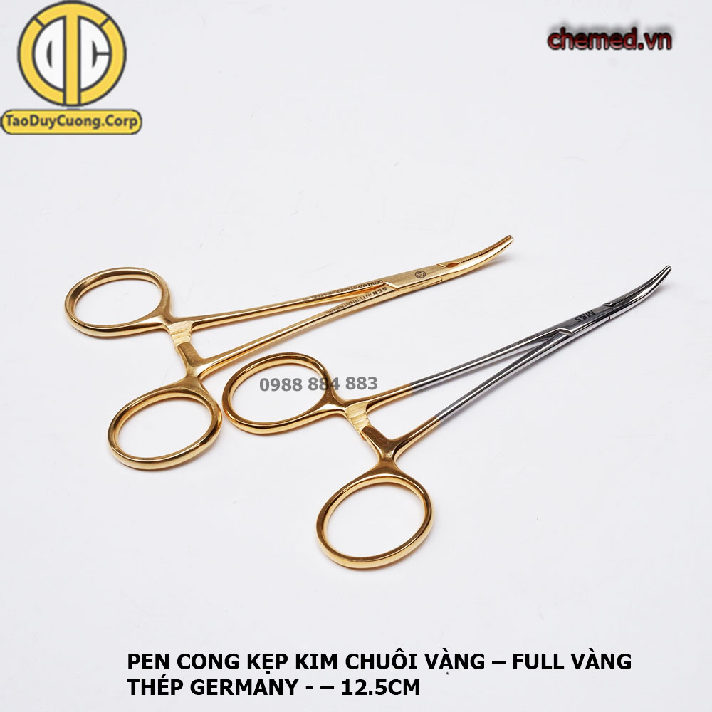 Pen kẹp cong chuôi vàng và full vàng 12.5cm dùng trong y tế, thẩm mỹ, phẫu thuật, spa