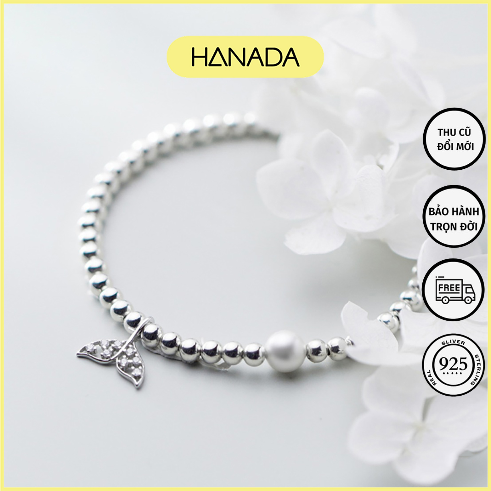 Lắc tay bạc cao cấp hanada lắc bi đuôi cá và ngọc trai 0598