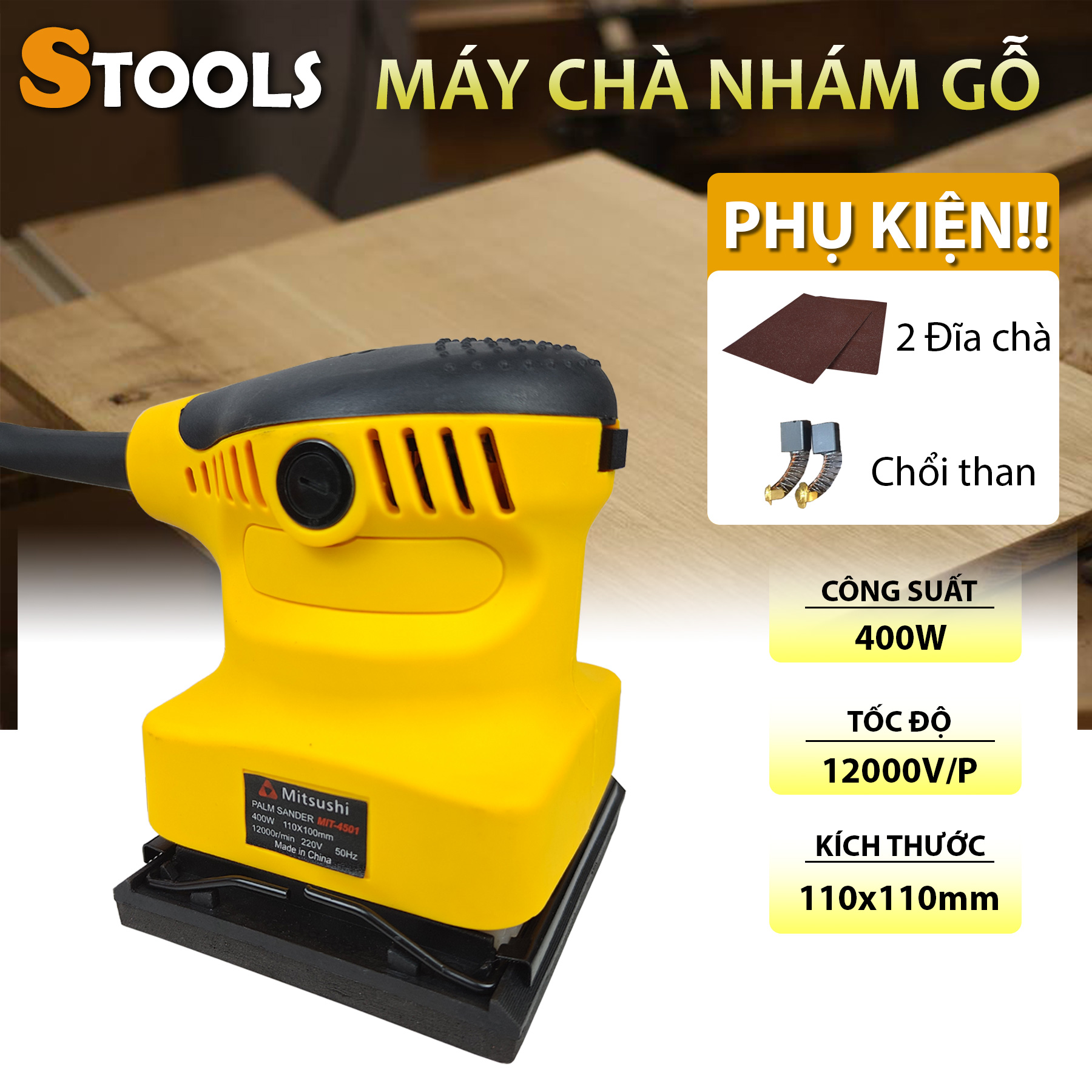Máy chà nhám gỗ chính hãng Mitsushi | Chà nhám. chà rung, đánh bóng gỗ | Công suất lớn 350w, tốc độ 12000v/p - Máy chà nhám vuông cỡ đĩa 100x110mm