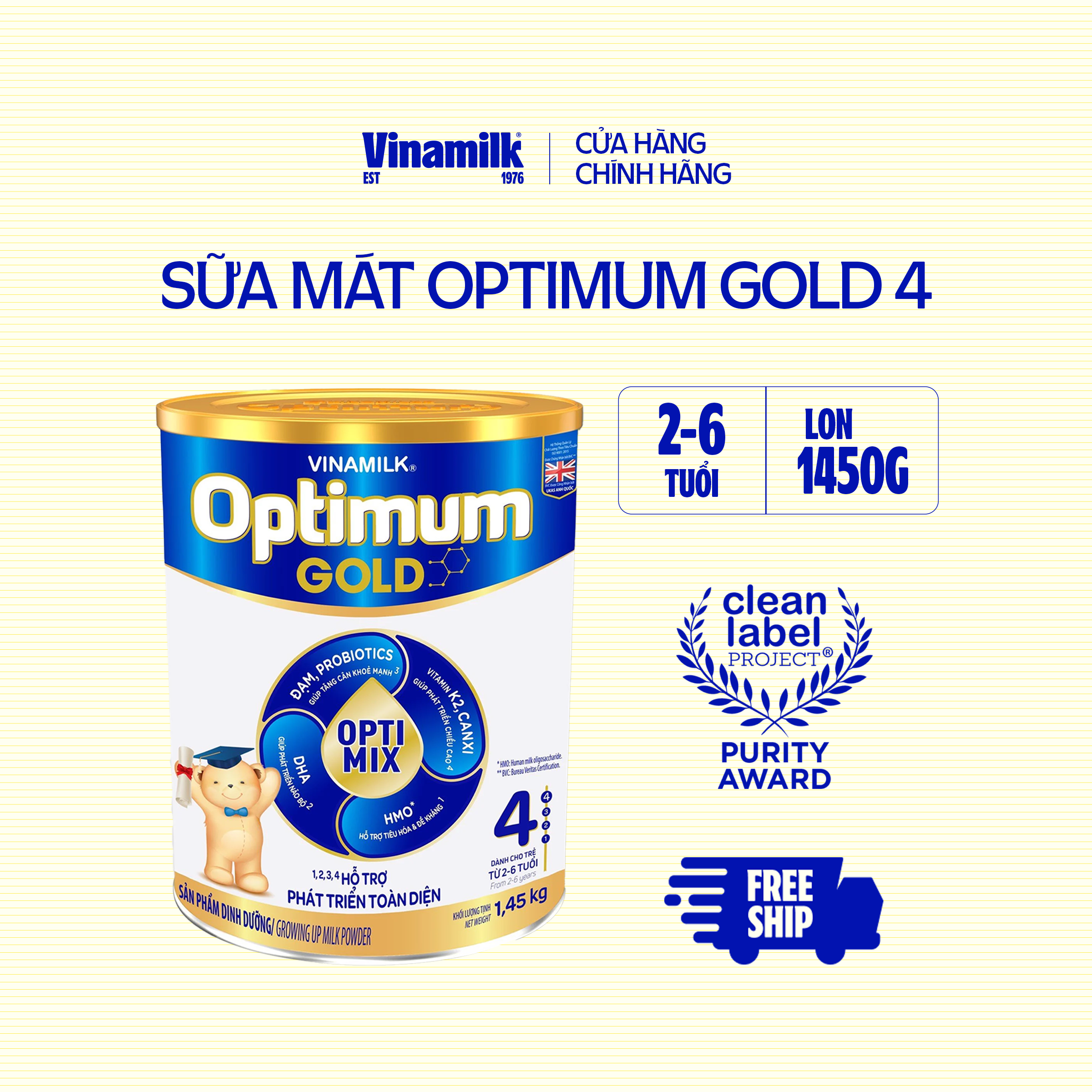 Sữa bột Vinamilk Optimum Gold 4 Hộp thiếc 1450g (cho trẻ từ 2- 6 tuổi) - Sữa công thức Chất lượng quốc tế, phát triển toàn diện