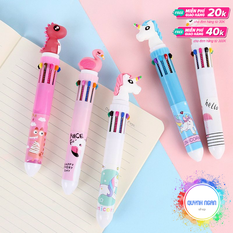 Bút bi 10 ngòi 10 màu mực đầu hoạt hình dễ thương
