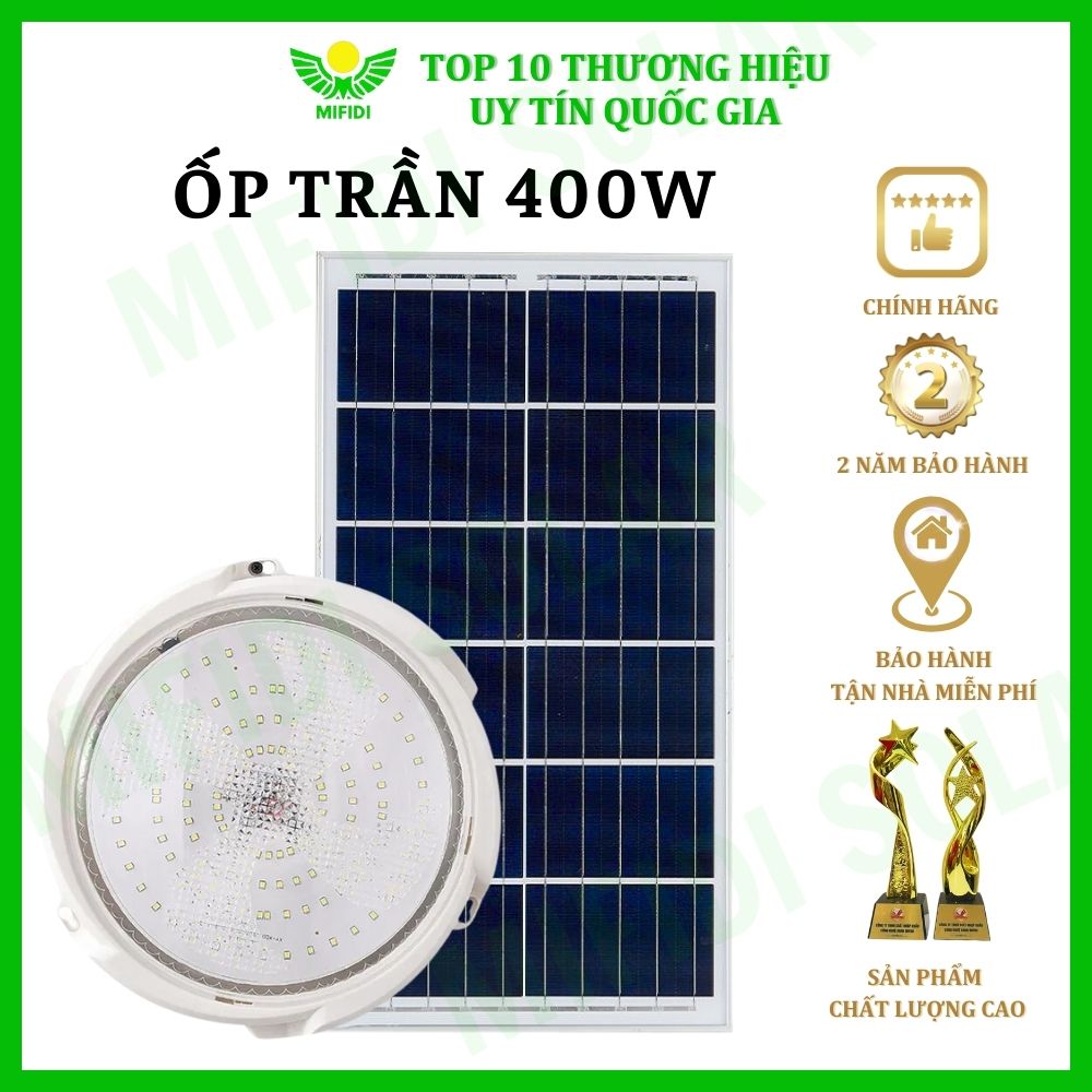 Đèn ốp trần năng lượng mặt trời 400W chính hãng Mifidi Solar sáng xuyên đêm tấm pin lớn - BH 2 năm