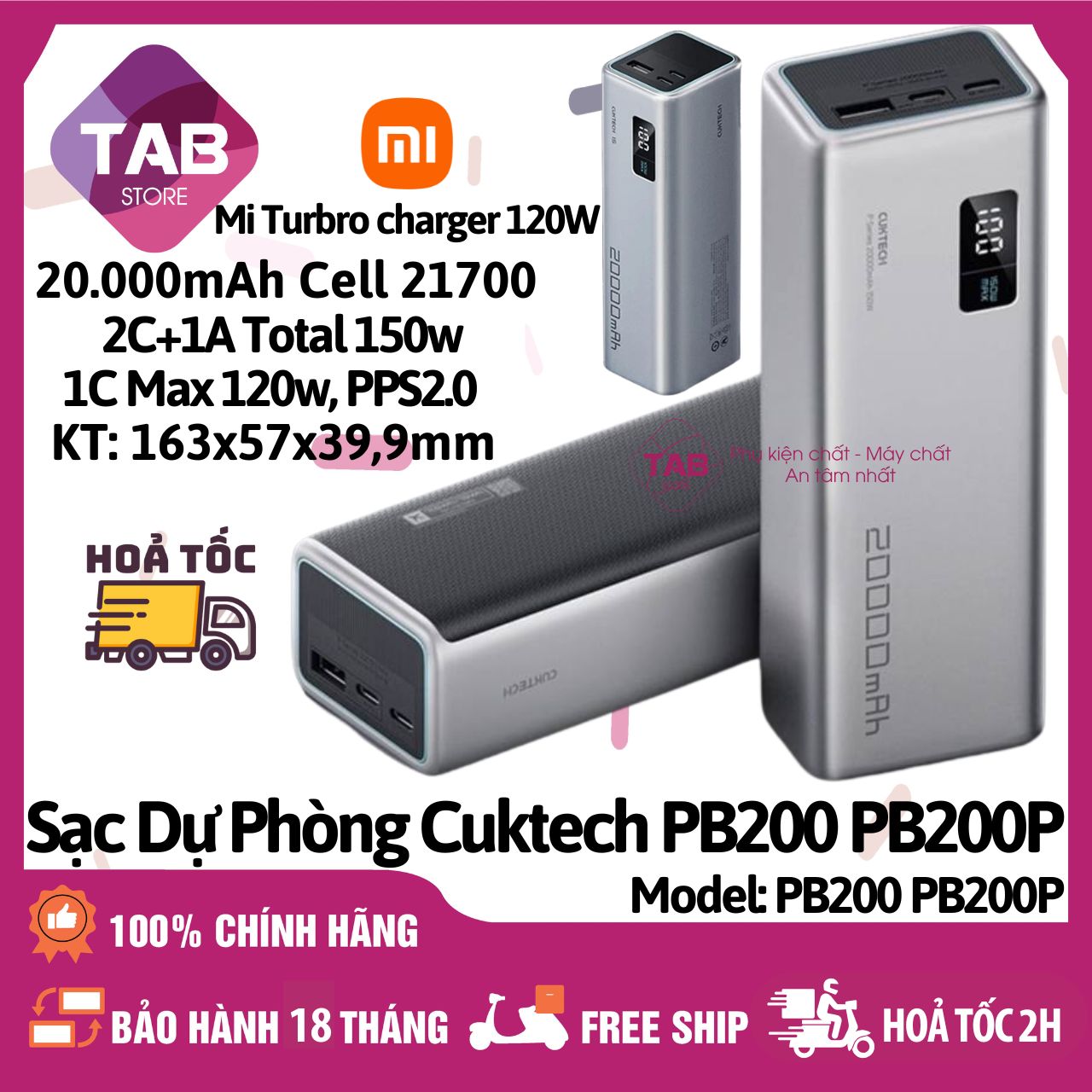 Sạc Dự Phòng Cuktech PB200 PB200P 20000mAh 2C1A 150W PD 3.1 PPS5A QC Mi Turbro Charger 120W - Bảo Hành 18 Tháng