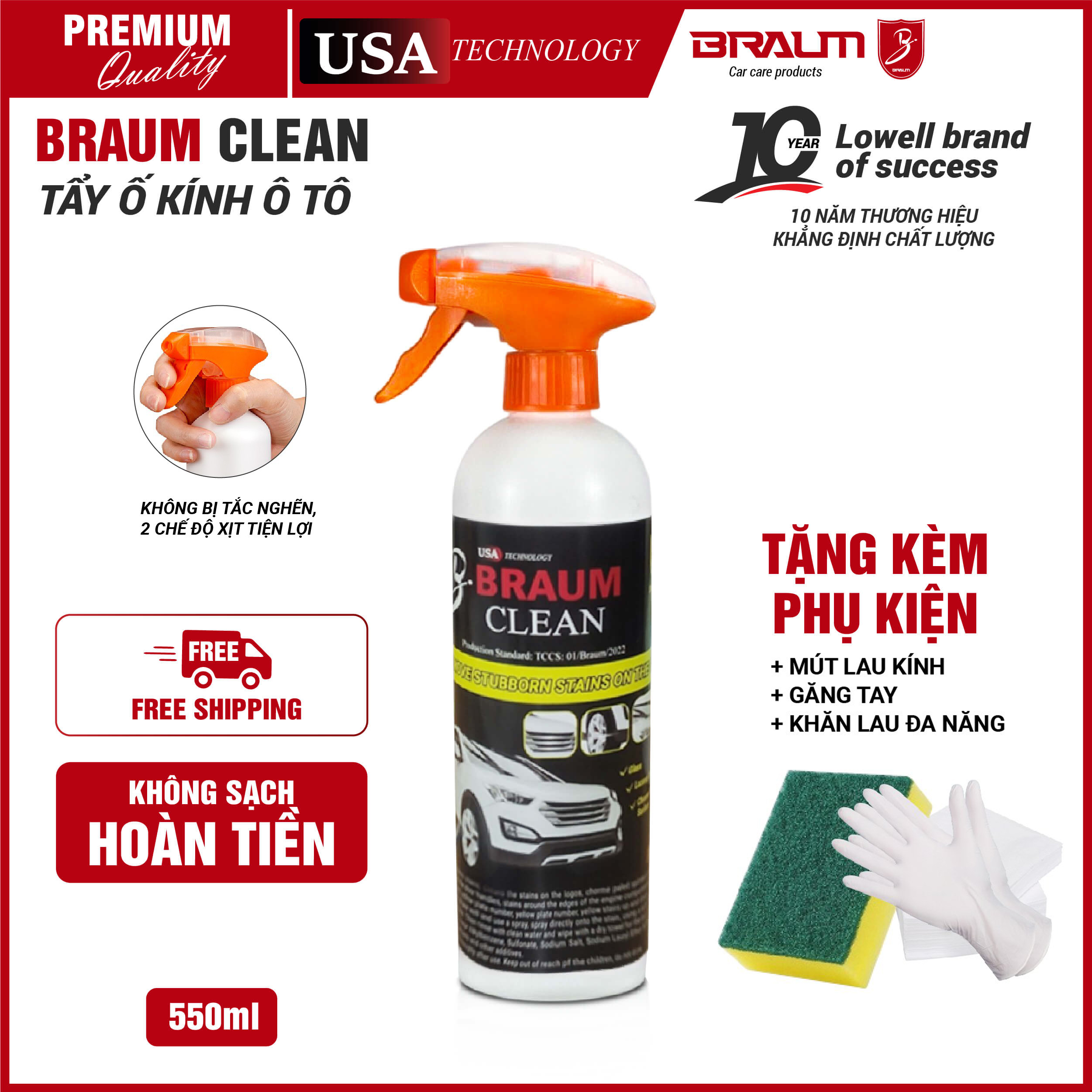 Tẩy mốc kính ô tô, tẩy cặn canxi kính ô tô, ố vảy cá, ố cầu vồng kính ô tô - braum clean 550ml